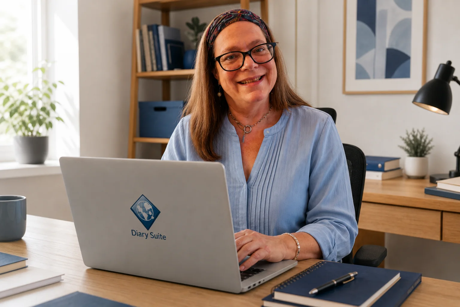 Diane working in a modern office with a Diary Suite branded notebook computer