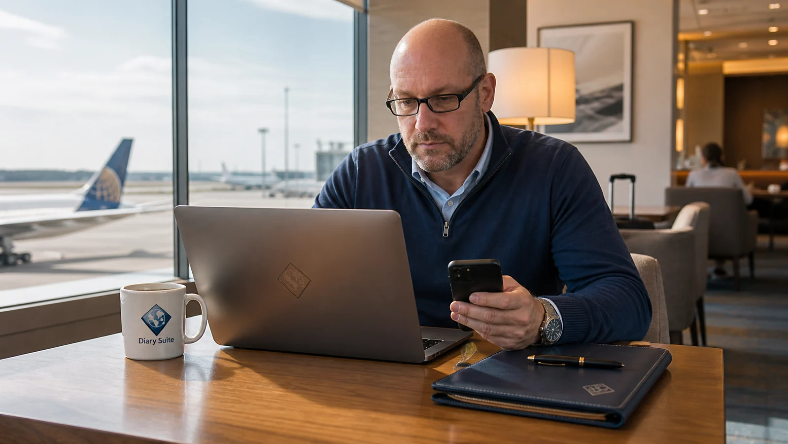 Leopold maintaining Diary Suite continuity while working from an airport lounge