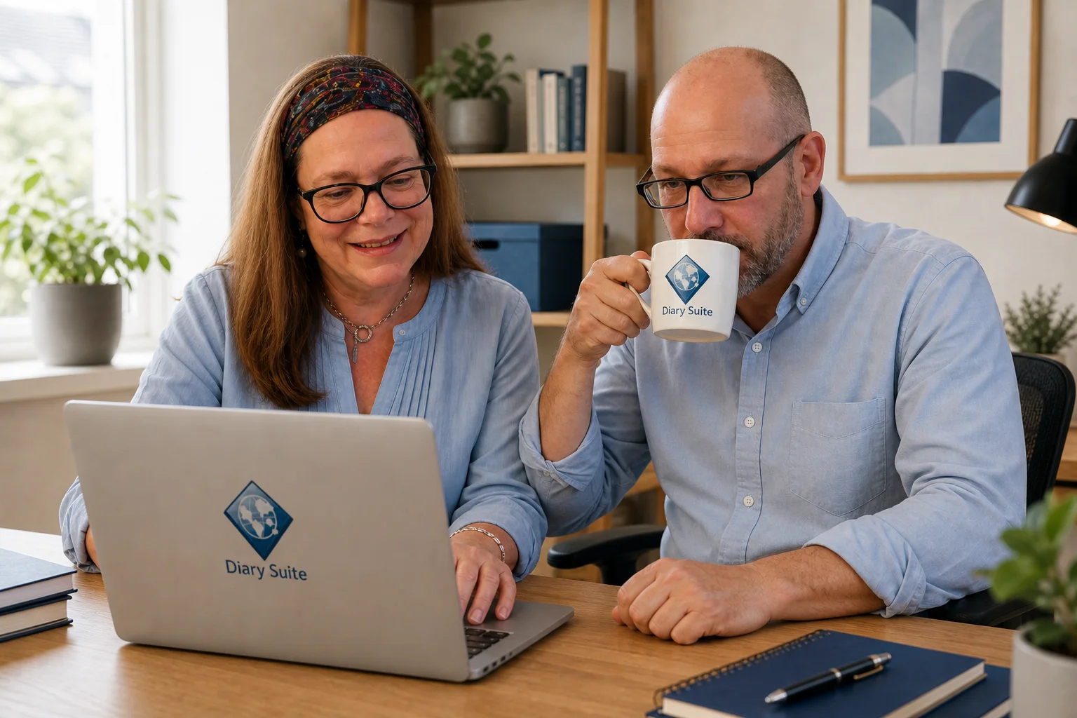 Leopold and Diane working together in an office with a Diary Suite mug and branded notebook computer