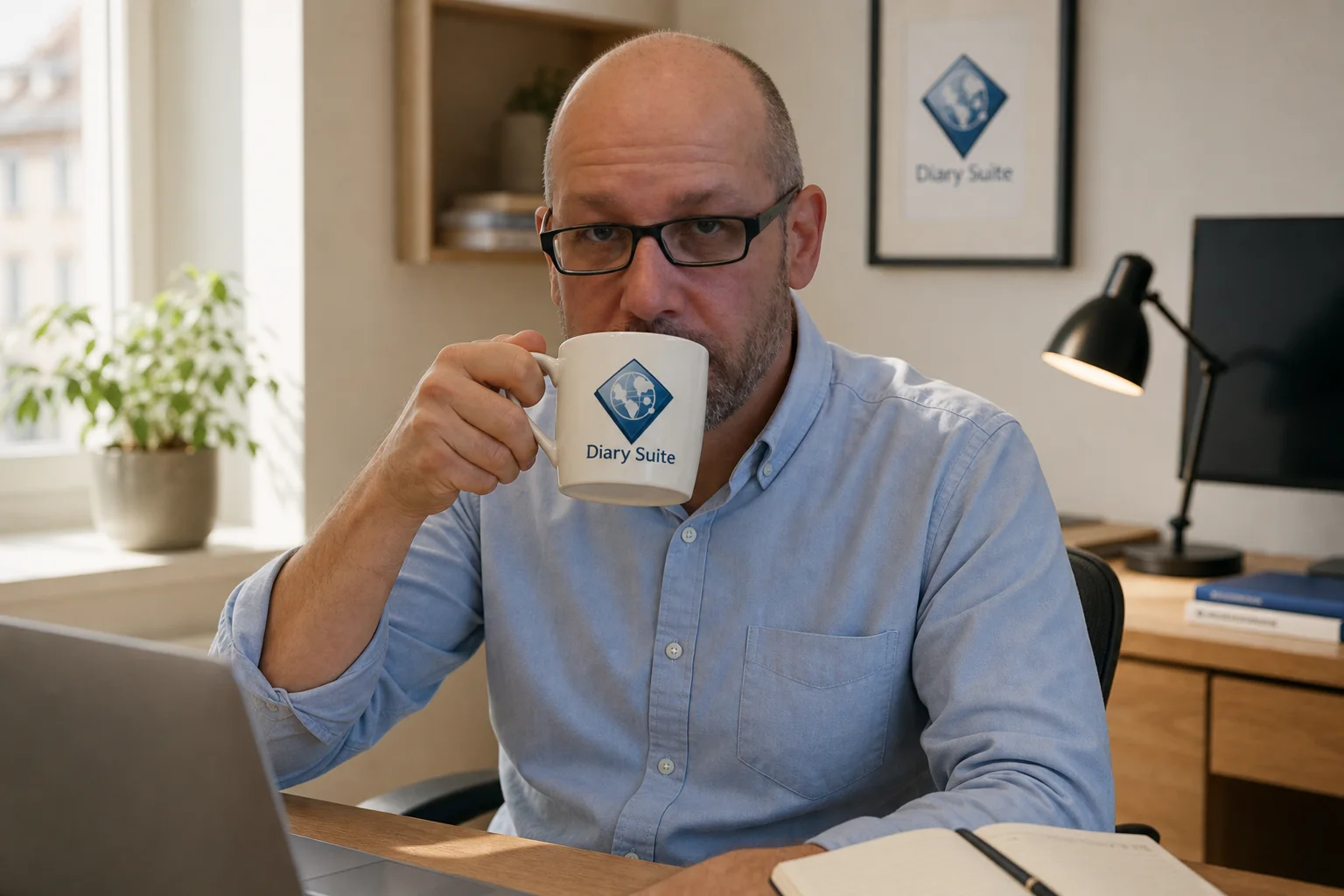 Leopold Schmallegger in a modern office holding a Diary Suite branded coffee mug