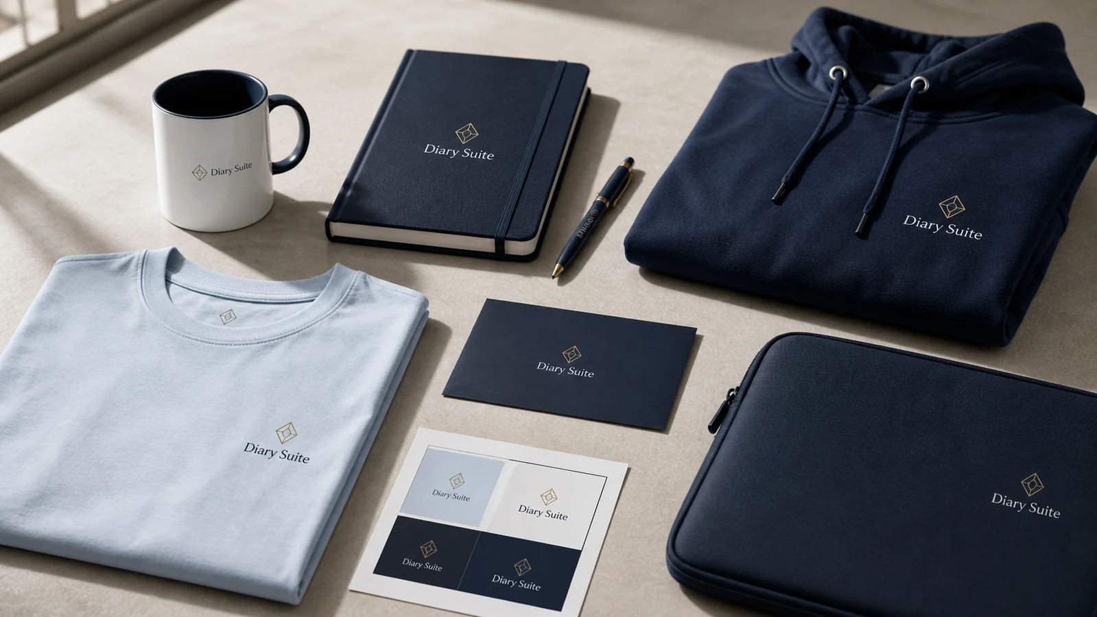 Diary Suite mug, notebook, clothing, pen, and laptop sleeve prepared for brand quality review