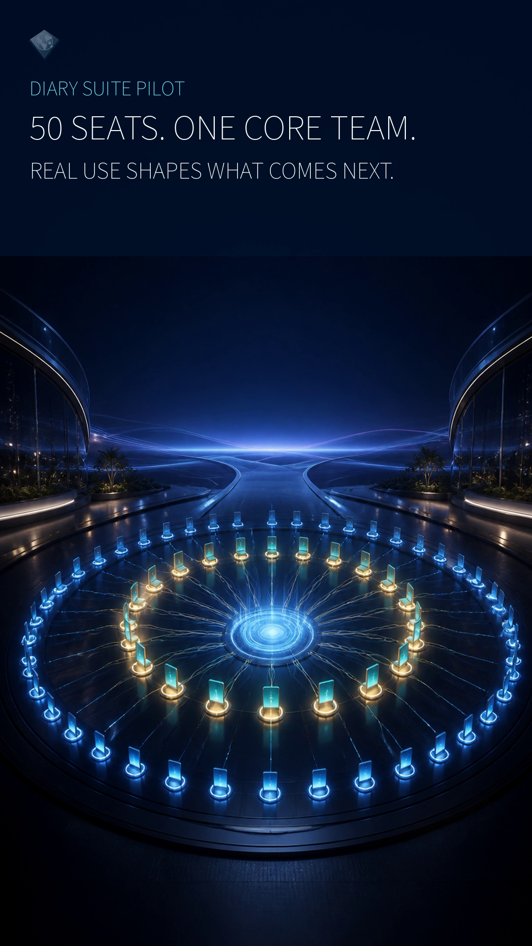 Fifty illuminated seats surrounding one shared Diary core, with twenty seats highlighted in warm light