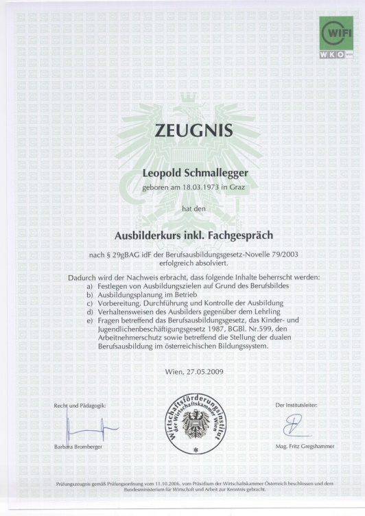 Instructor certificate